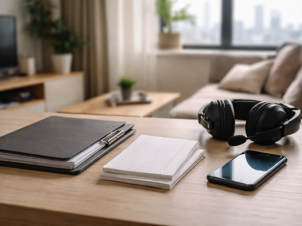 Desk with a contract folder, envelopes, and gaming headset beside a phone in natural light.