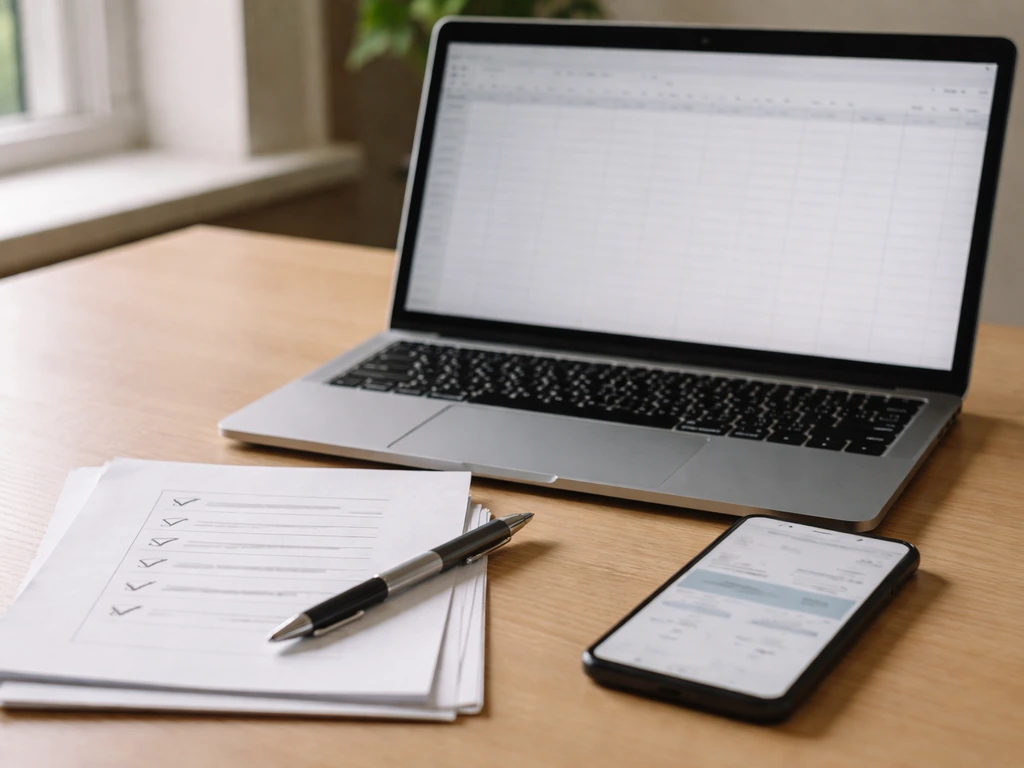 Laptop with blank spreadsheet grid and phone dashboard, plus checkmarked pages and pen on a sunny desk.