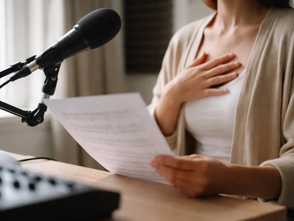Anonymous vocal coach in a quiet studio beside a microphone, illustrating speech technique coaching.