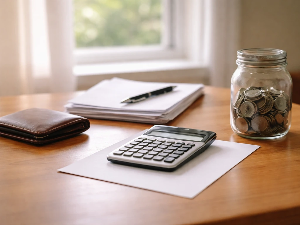 Minimal desk scene with wallet, documents, calculator, and coins suggesting assets minus liabilities.