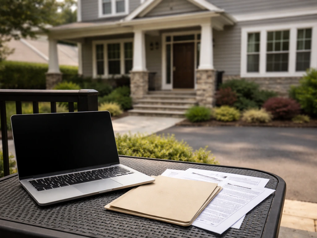 Residential house exterior with a laptop and folder suggesting public-record wealth estimation