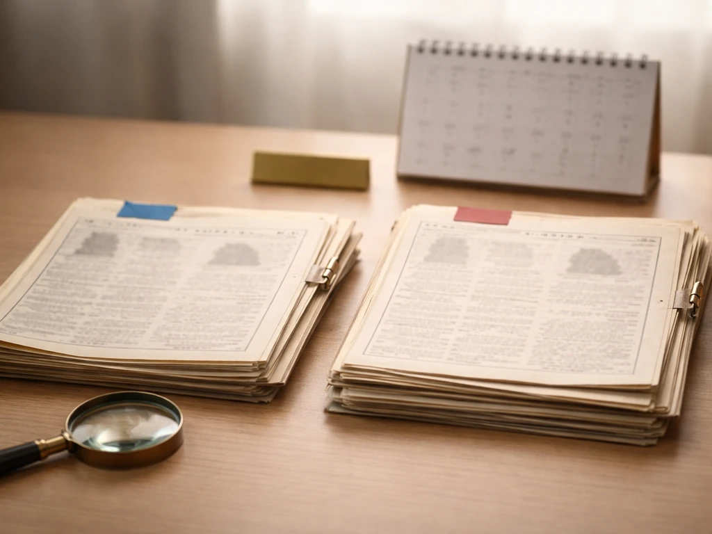 Minimal desk with two stacks of blurred obituary records, colored tabs, and a magnifying glass for identity checking.