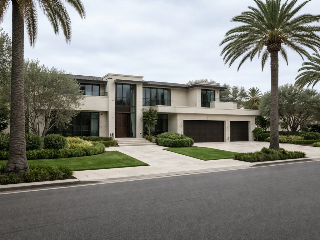 Exterior of a luxury Newport Beach home with a driveway and palm-lined street in soft daylight