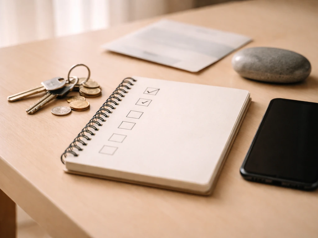 Minimal photo of a notebook with checkboxes, small coins, and property keys beside a smartphone in natural light.