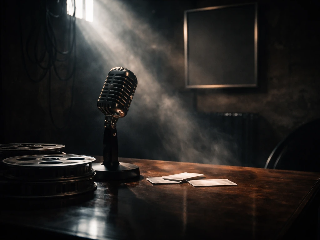 Moody studio desk with a vintage microphone and scattered film reels, symbolizing TV and earnings