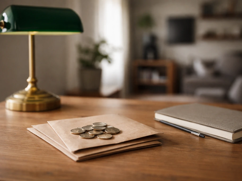 Minimal photo of a banker’s lamp on a desk with a closed notebook and scattered coins, suggesting a net worth range