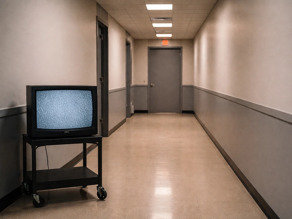 Quiet studio hallway with warm lights and a vintage TV set, symbolizing TV income and media work