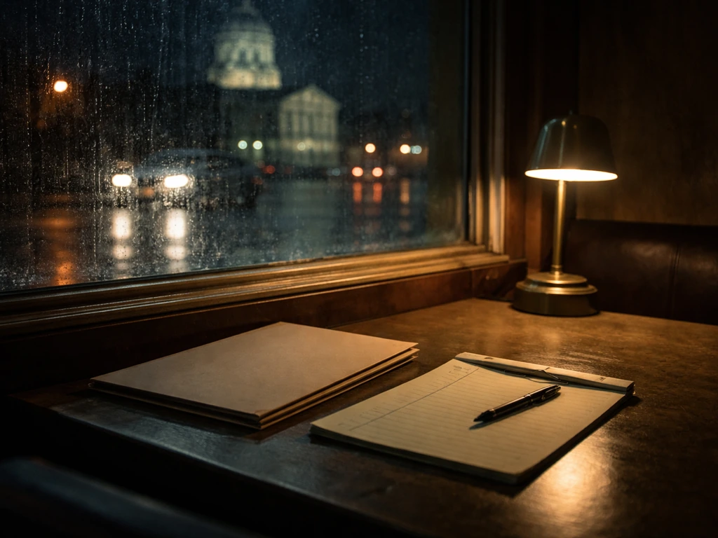 Gritty roadside setting with a small courtroom-style lamp and folder, evoking a recurring prestige TV drama vibe