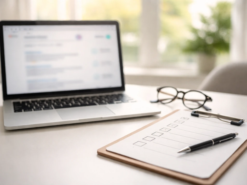 Minimal photo of a laptop showing IMDb-style search results concept and a clipboard checklist for verification