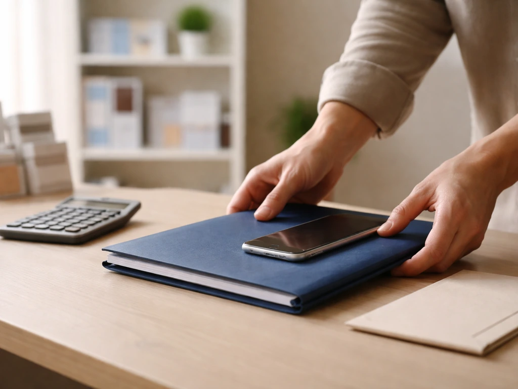 An anonymous business meeting scene with a financial folder, calculator, and tablet in a bright office