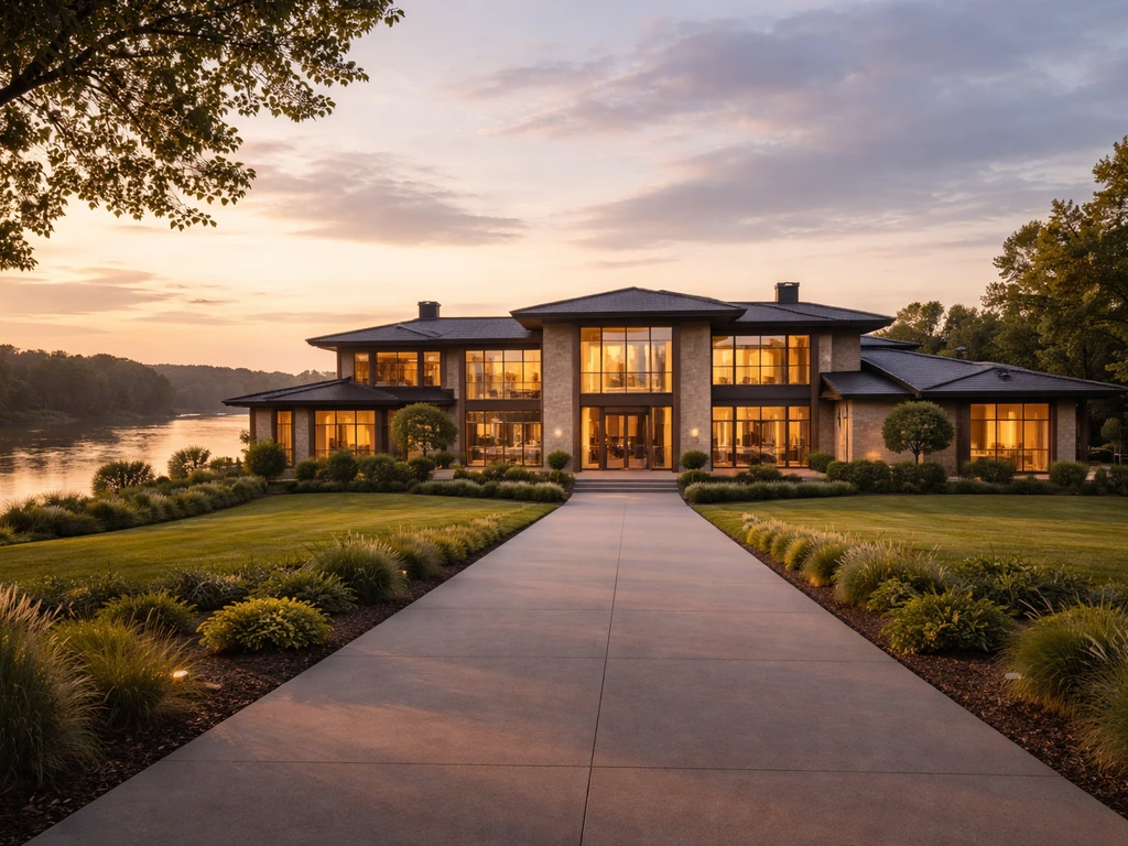 Luxurious riverside estate exterior with expansive windows and manicured grounds in soft daylight