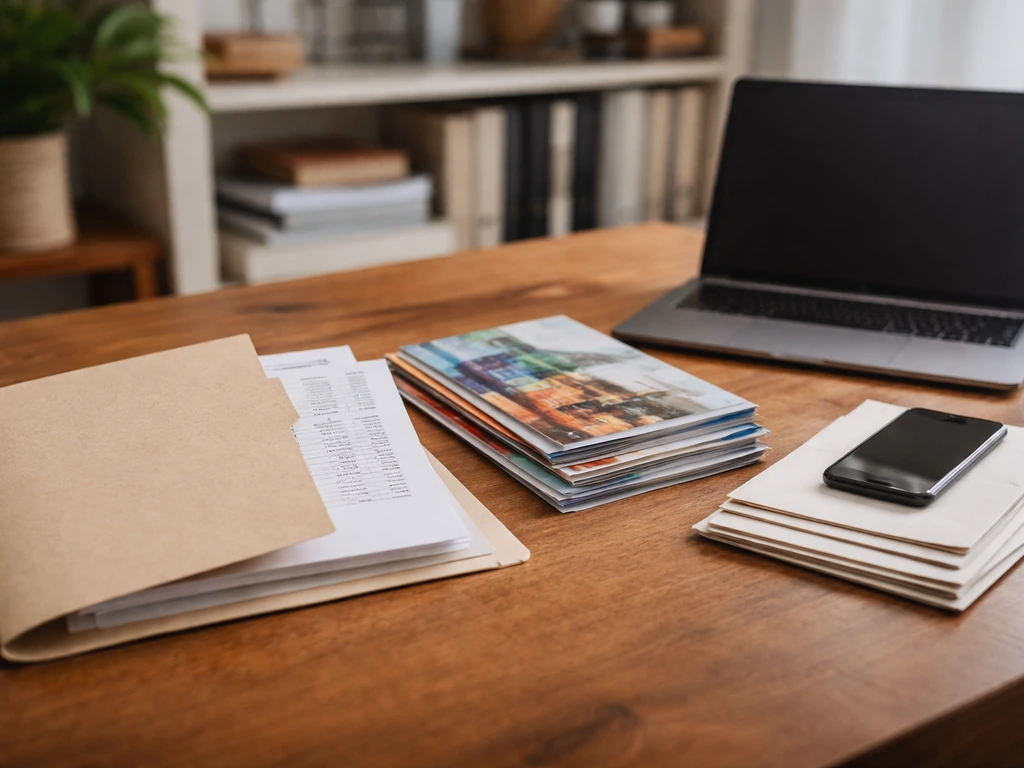 Minimal desk scene showing direct-selling income components: commission folder, branded catalogs, and a laptop with no t