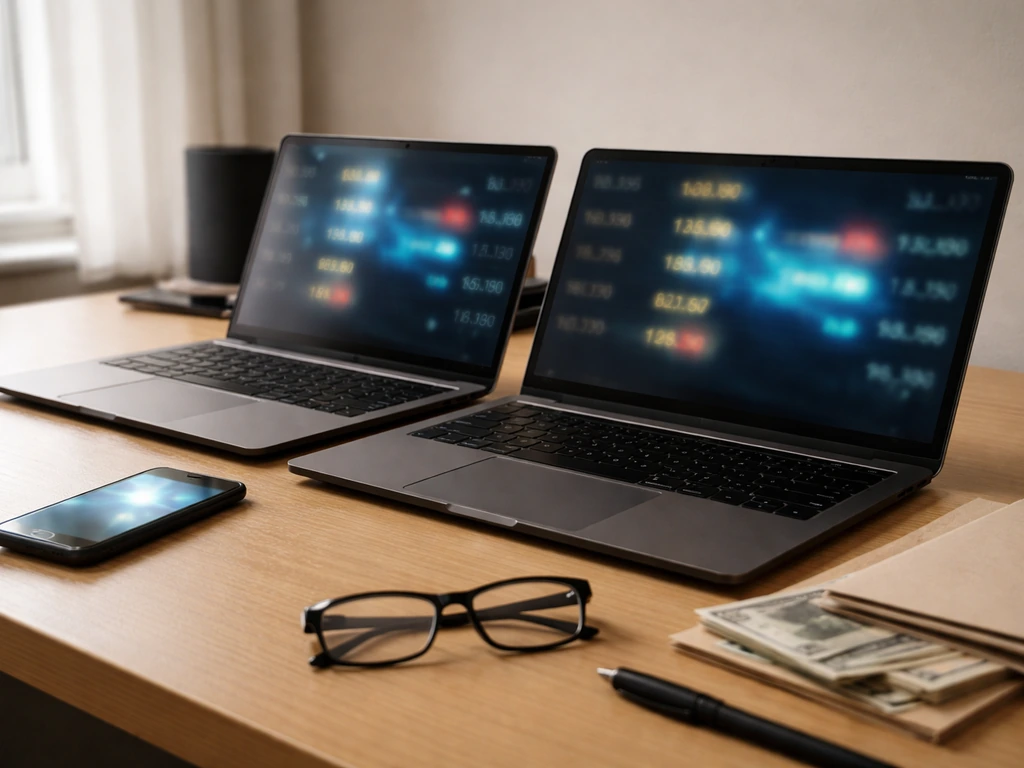Two laptops and a phone on a desk with blurred conflicting money figures in reflections.