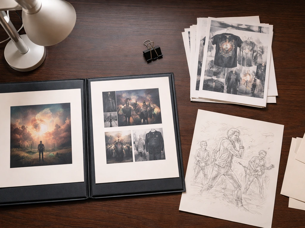 Flat-lay of printed album art, merchandise mockups, and a pencil sketch in a music-themed workspace.