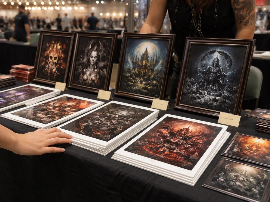 Rock and metal convention artist table with framed artwork, prints, and small price tags