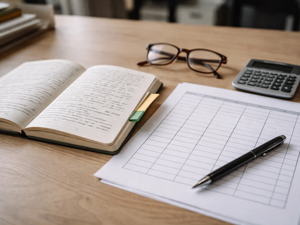 Close-up of notebook with bookmarked papers and a blank spreadsheet worksheet on a desk with a calculator