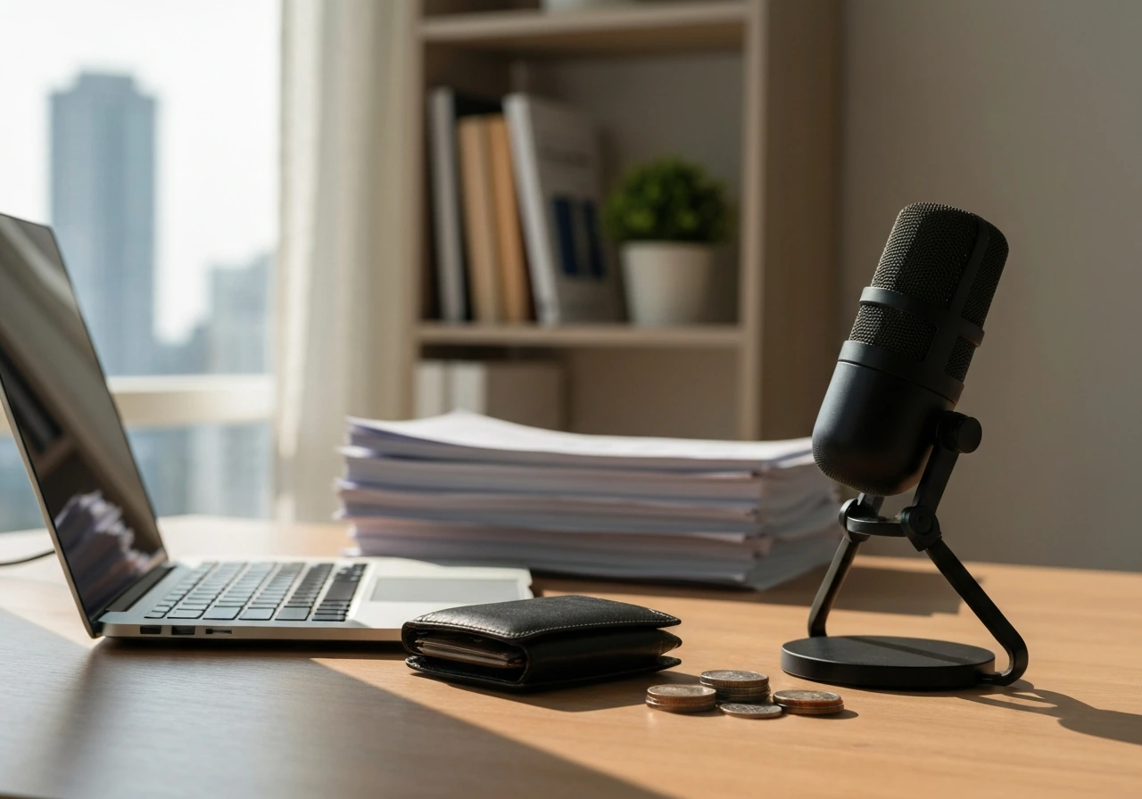 Minimal desk scene with laptop and microphone, coins and wallet symbolizing net worth research