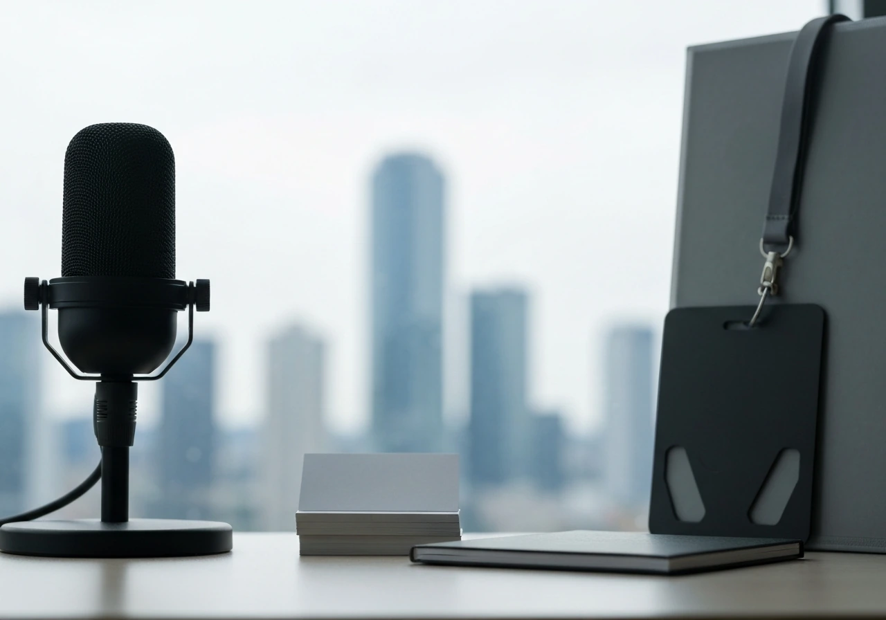 Close-up of a podcast microphone and business materials on a desk with a blurred city office background