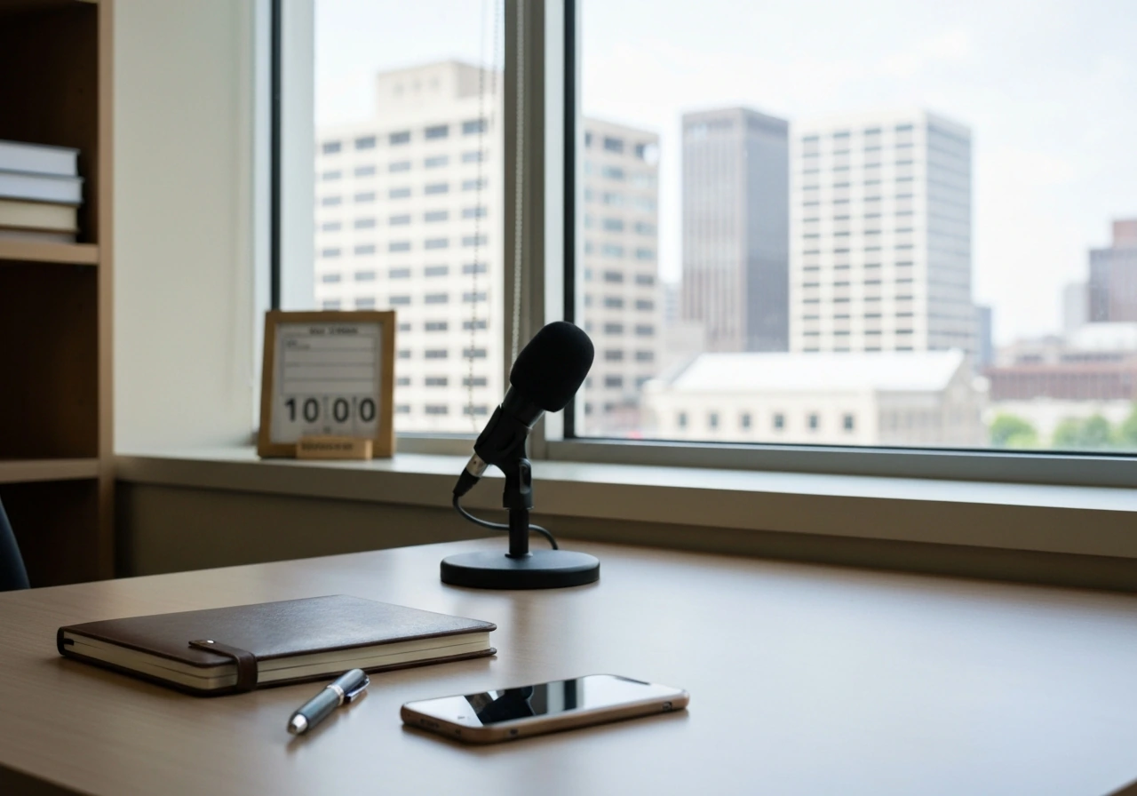 Minimal office desk with microphone and blank date card, sunlit window, implying business growth milestone.