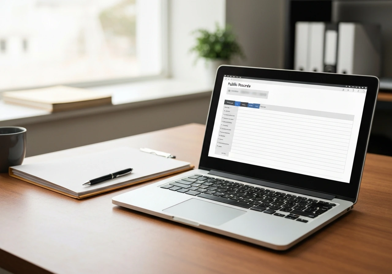 Open laptop showing a generic legal and business records interface, with a folder and pen nearby