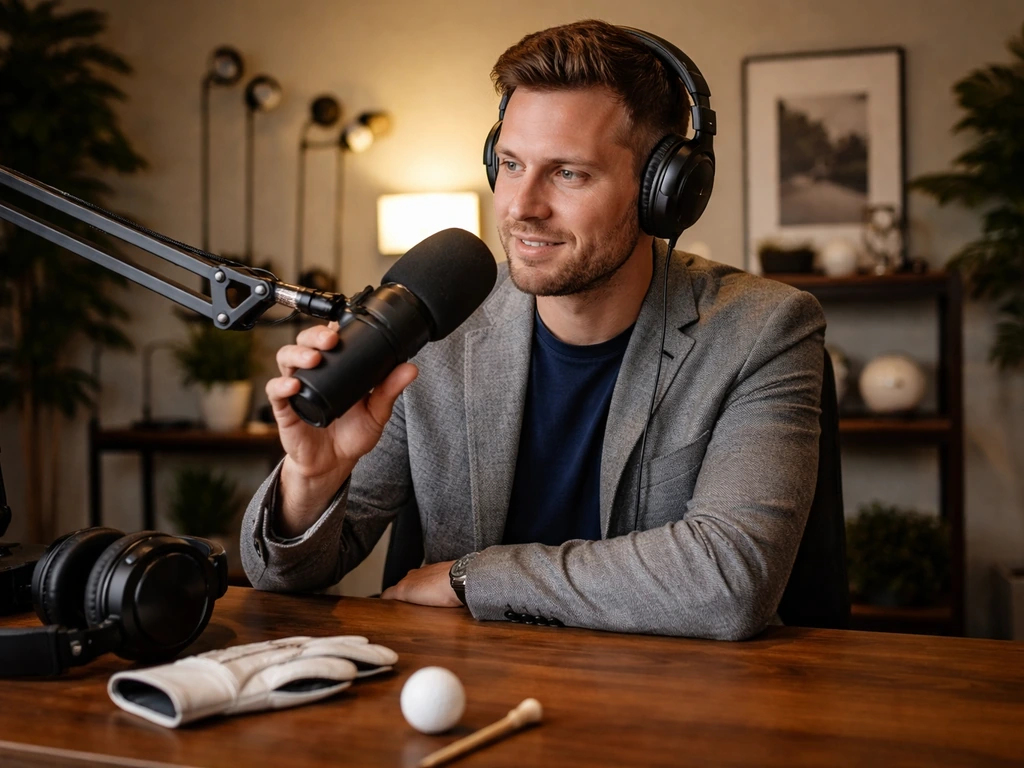 Golf-themed podcast studio scene with a host preparing to record Fore Play
