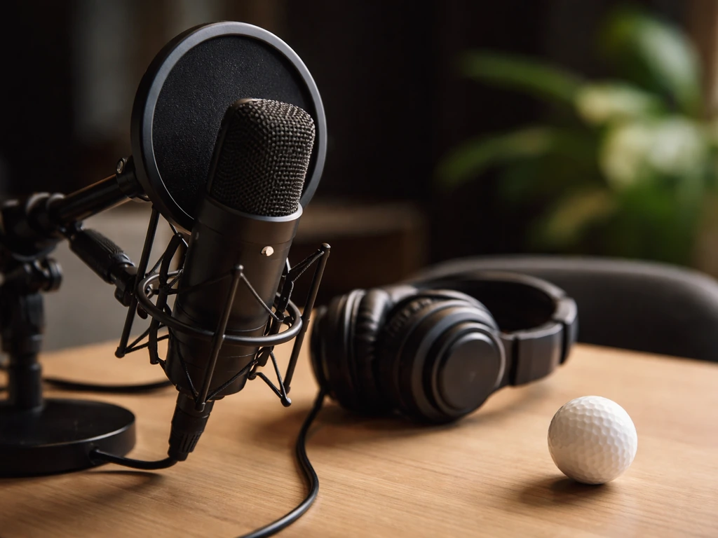 Microphone with pop filter and over-ear headphones on a podcast desk, muted studio background
