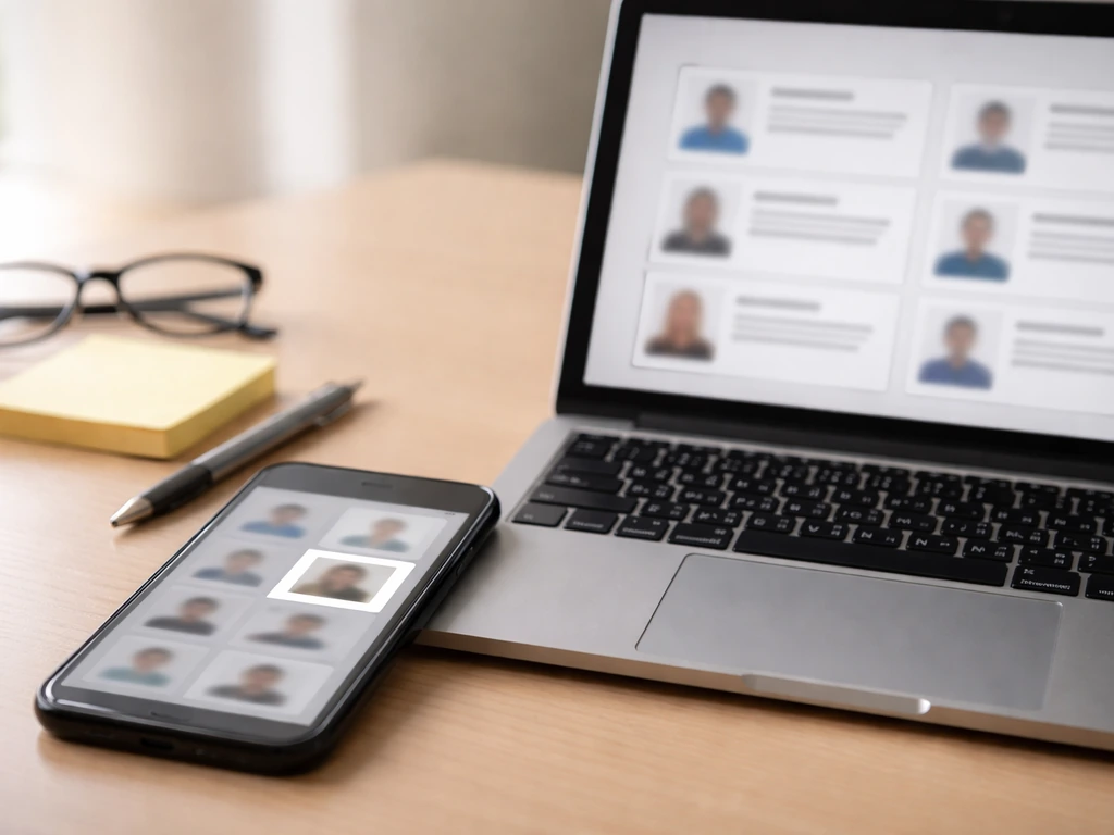 Office desk with blurred phone and laptop showing multiple similar profile tiles; one tile subtly highlighted.