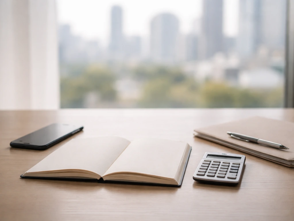 Minimal office desk with a smartphone and calculator, symbolizing a net worth range estimate