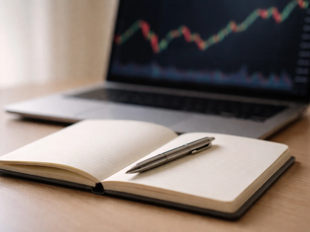 Close-up of a finance notebook and pen beside a laptop showing blurred stock charts, symbolizing equity awards
