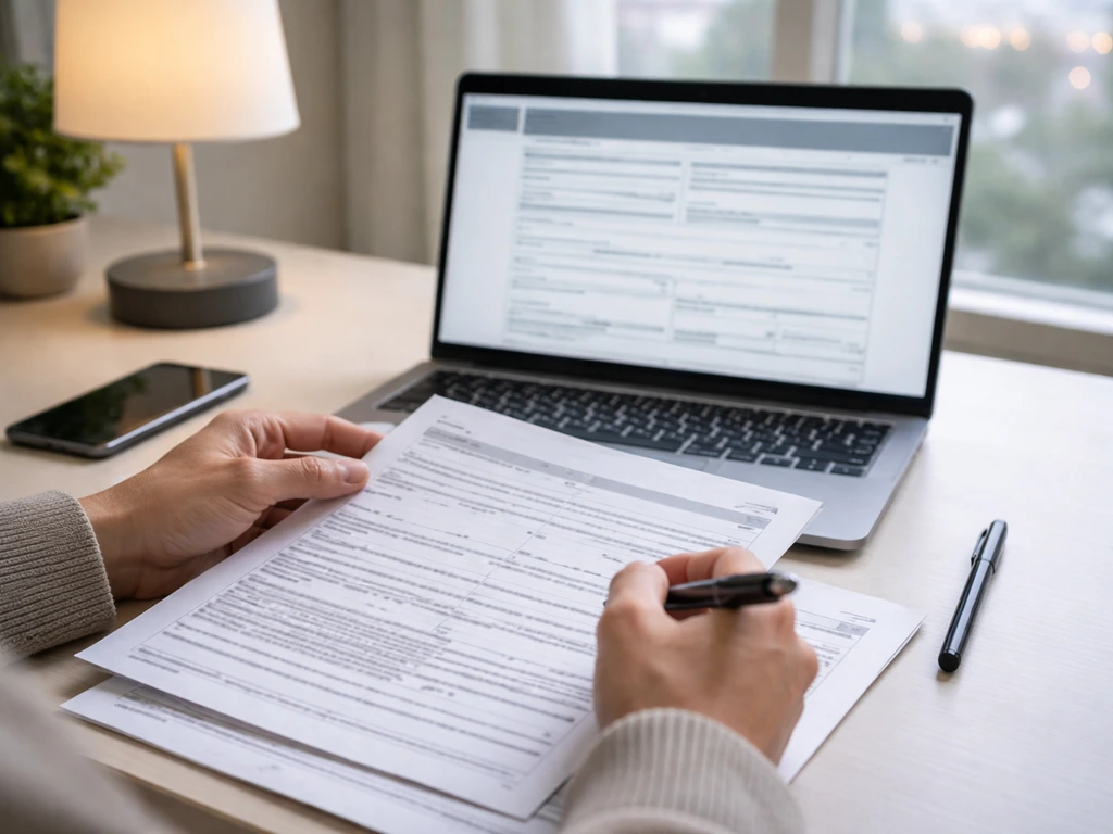 Person reviewing SEC filing documents on a laptop next to a phone in a quiet office setting