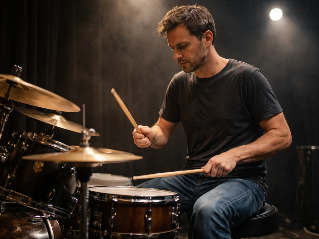A British drummer in casual stagewear seated at a drum kit under soft concert lights.