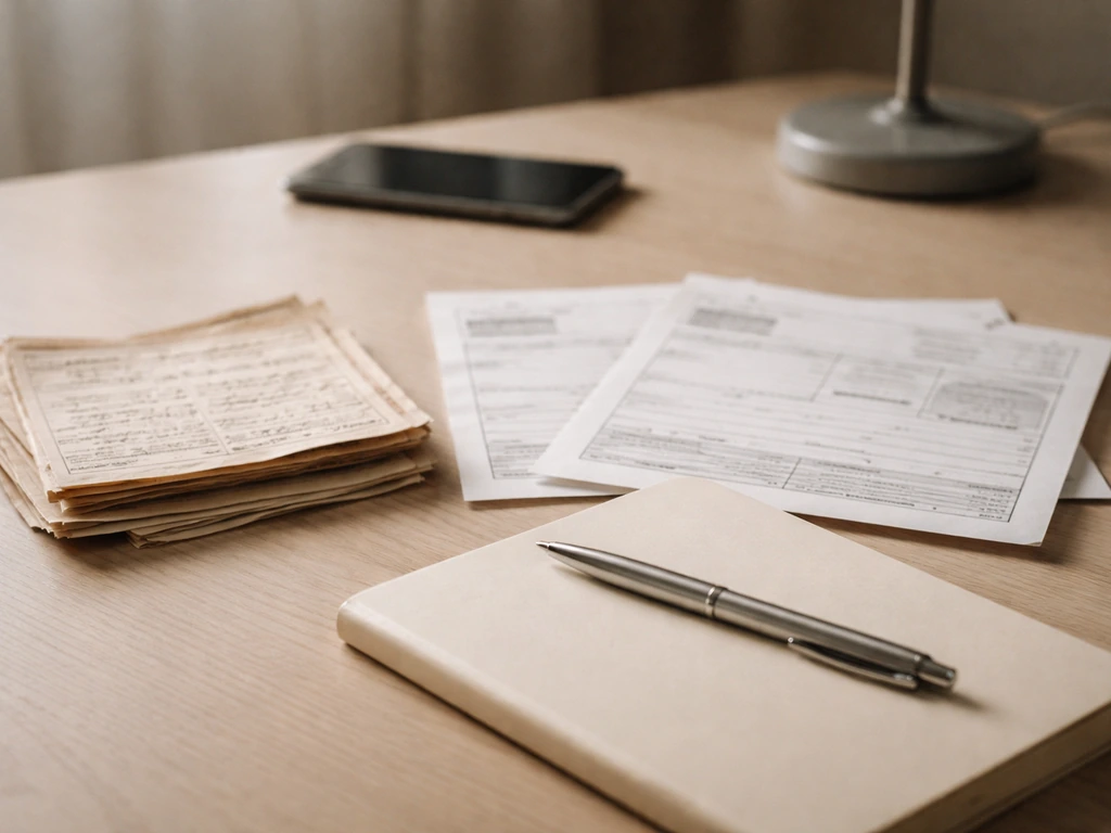 Close-up of old newspaper clippings and music-industry receipts on a desk beside a pen and small notebook.