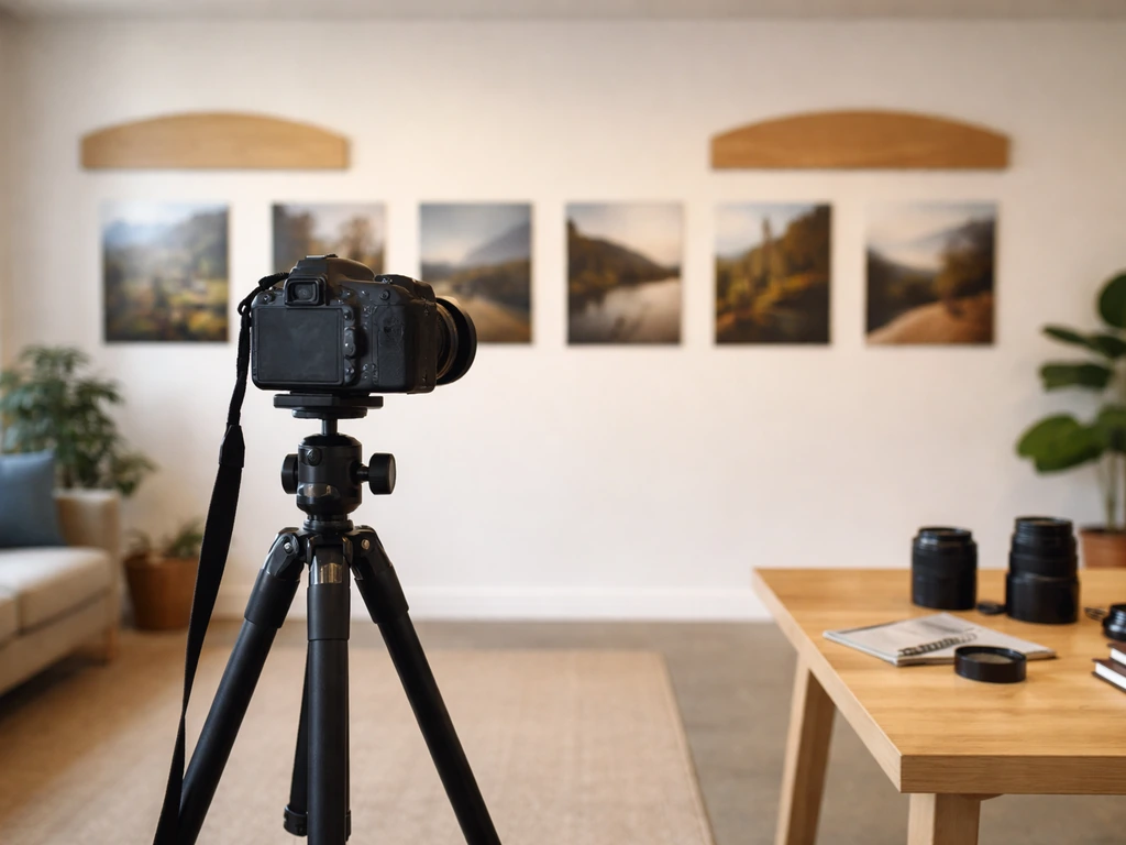 Minimal photography studio scene with a camera tripod and subtle blue arts-themed decor.