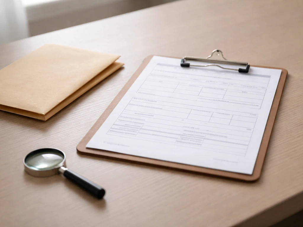 Office desk with a clipboard showing blank nonprofit-style forms beside a magnifying glass and envelope