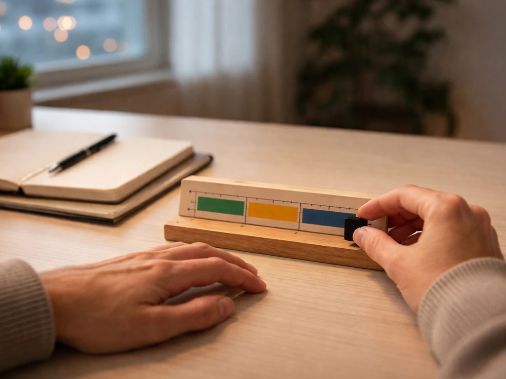 Anonymous hands adjusting a simple horizontal money-range slider with three colored band markers on a desk.
