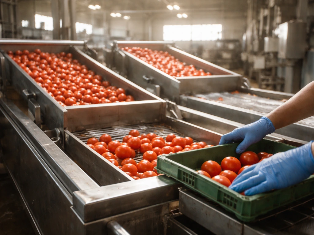 Anonymous hands in a produce processing facility with tomatoes on a conveyor, symbolizing the founder’s food business.
