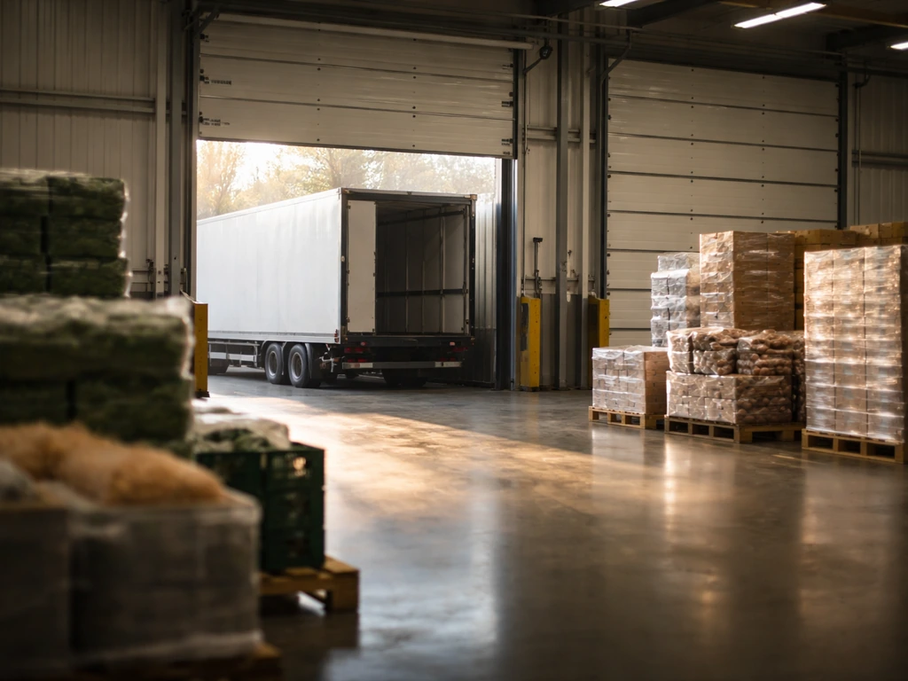 Quiet warehouse and food-industry logistics scene suggesting a major tomato hauling business