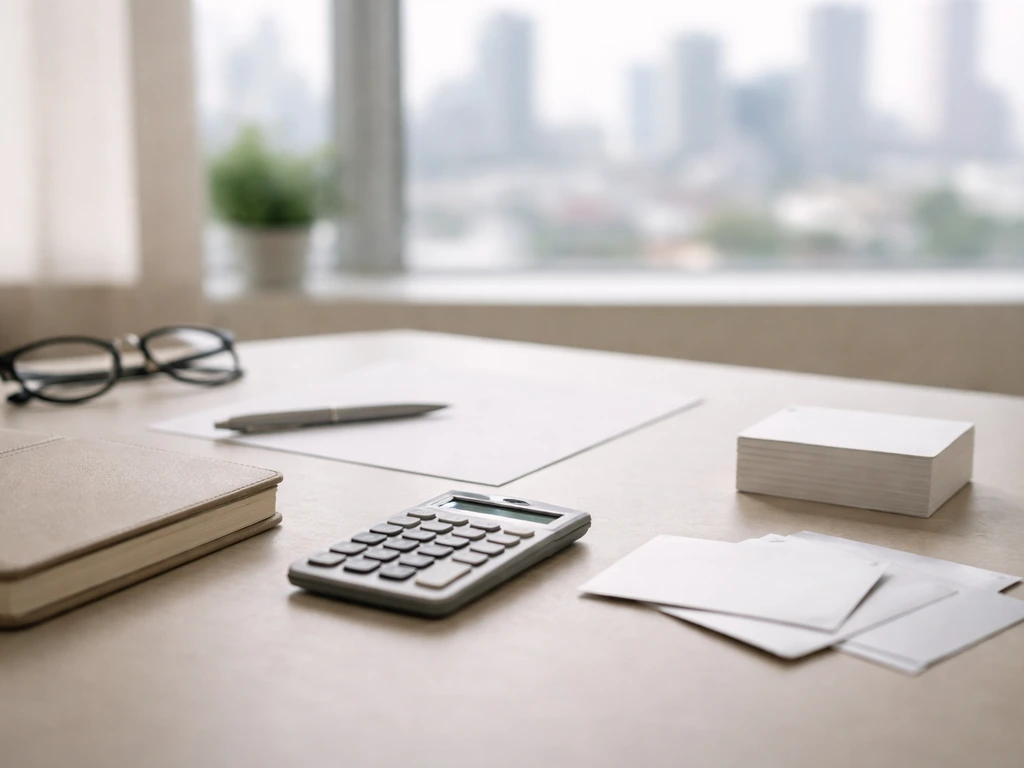Minimal photo of a desk with calculator, notebook, and blurred city skyline suggesting business net worth analysis
