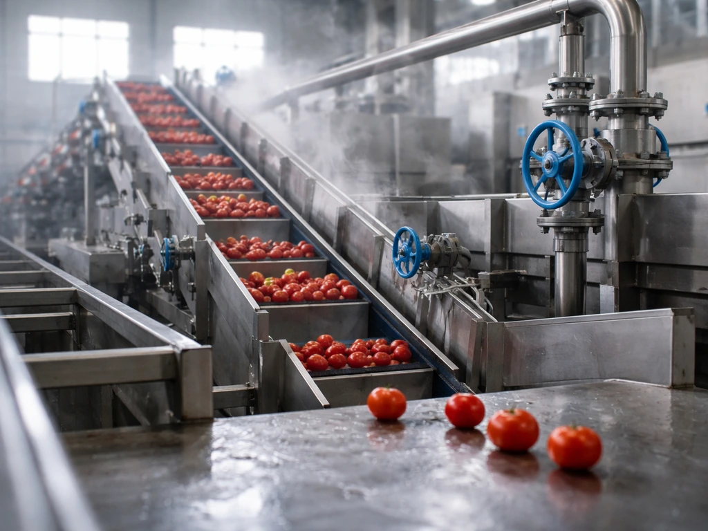Minimal photo of a tomato processing factory line, symbolizing scale and profitability drivers