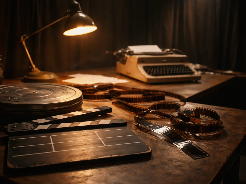 1970s film studio workbench with clapperboard, film reel, and typewriter, warm natural light, no people.