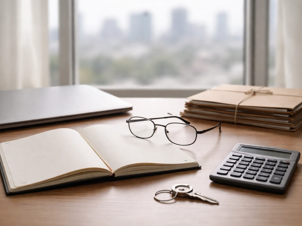 Minimal desk scene with blank documents, calculator, and notebook suggesting how net worth estimates are assembled.