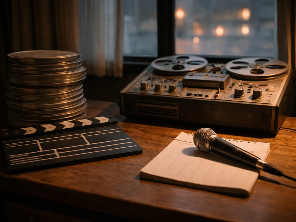 Vintage studio editing desk with film reels, microphone, and canisters, softly lit by natural window light.