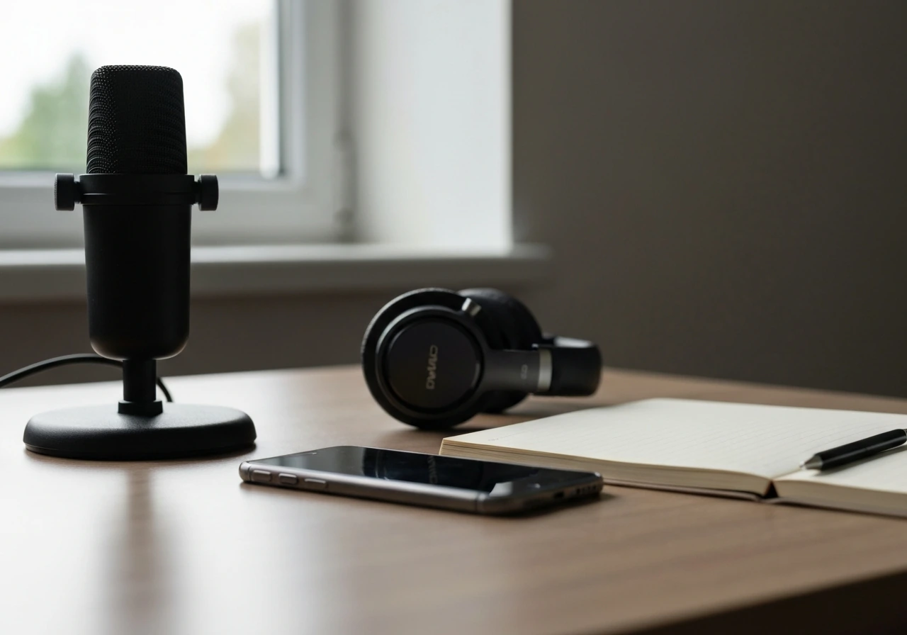 Unbranded podcast studio desk with a microphone and headphones in natural light, no people or text.