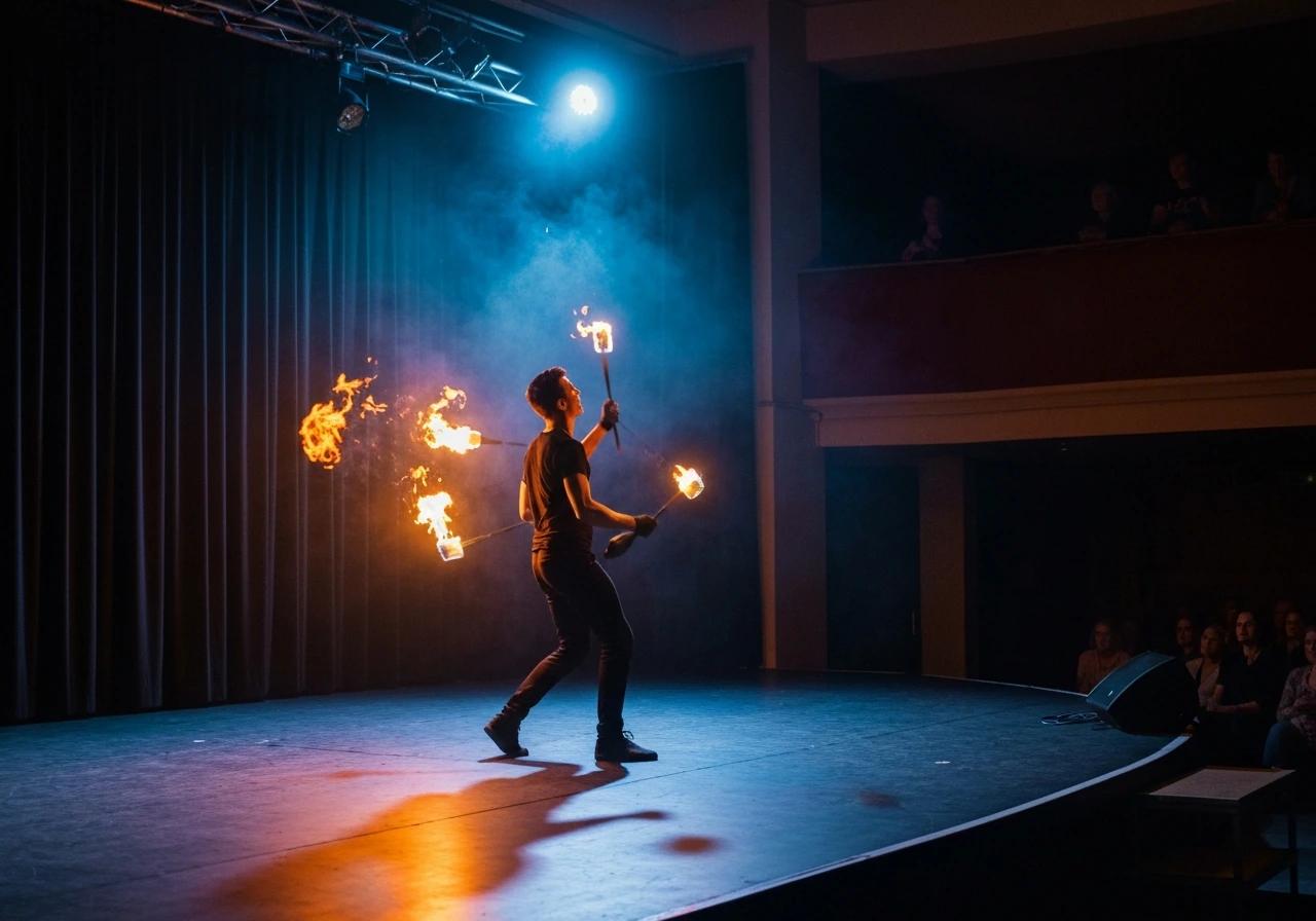 Entertainer performing juggling and fire effects on a small stage with spotlight and blurred audience.