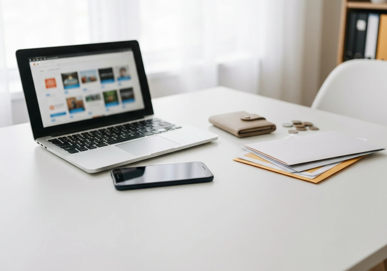 Minimal desk scene with scattered papers and a smartphone showing blurred financial webpages, suggesting verified vs unv
