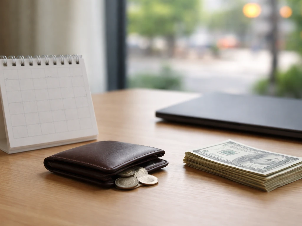 Minimal desk scene with wallet, coins, and a small calendar beside a laptop in soft daylight