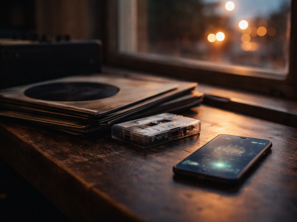 Anonymous music-studio desk with cassette and vinyl near a window, symbolizing 1980s touring royalties.
