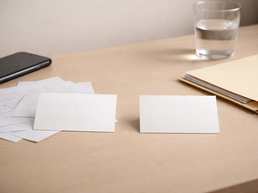 Minimal desk scene with two contrasting cards beside folders and papers, symbolizing unverified vs verified claims.