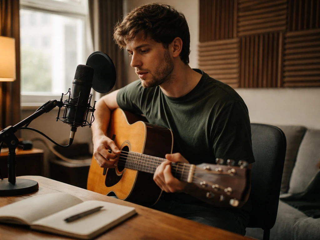 Anonymous singer-songwriter in a small studio holding a guitar near a microphone in natural light.
