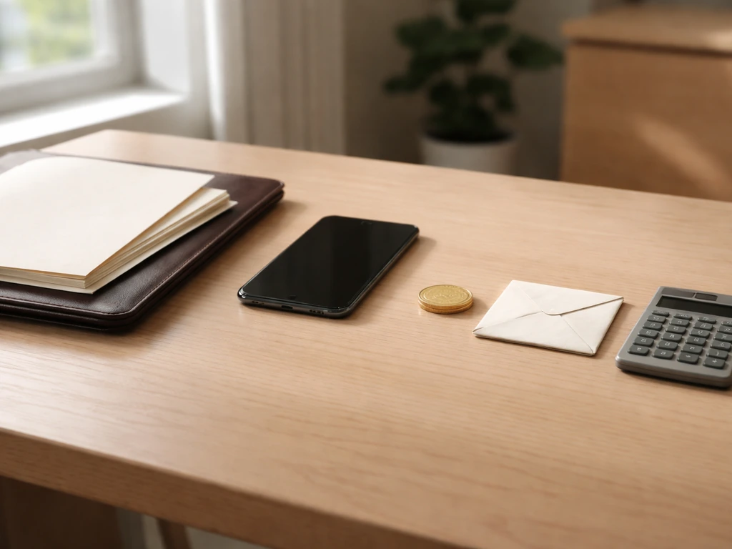 Minimal office desk scene with gold coin, envelope, calculator, and blank documents near a window.